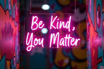 Neon Sign Emblazoned with Be Kind; You Matter Against Vibrant Graffiti Backdrop