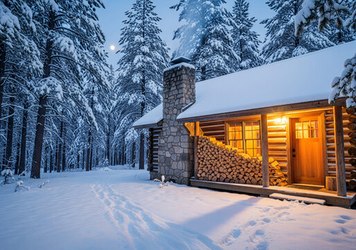 Cozy Log Cabin in a Snowy Forest at Twilight - Powered by Adobe