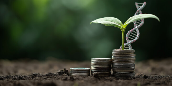 Small plant with DNA strand grows from stacked coins, symbolizing sustainable finance and gene editing therapies. image conveys innovation and environmental consciousness - Powered by Adobe