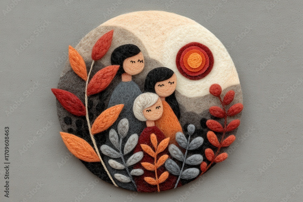 Poster Artistic representation of a serene family bond featuring three stylized figures with minimalistic features surrounded by vibrant foliage and a captivating sun symbolizing unity and warmth in a