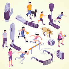 Isometric Modern Diverse People with Prosthetic Limbs and Assistive Technology Illustration