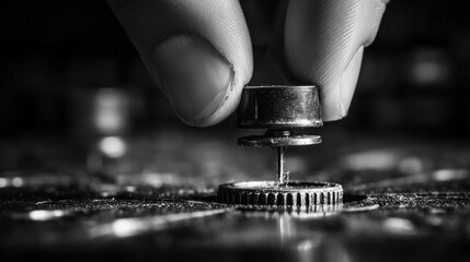 A hand is holding a small metal object