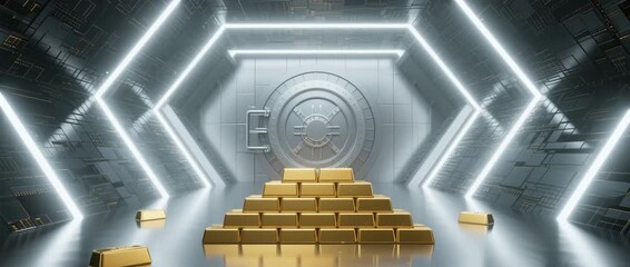 Abstract 3D illustration of a business concept with a golden staircase leading to a light-filled entrance