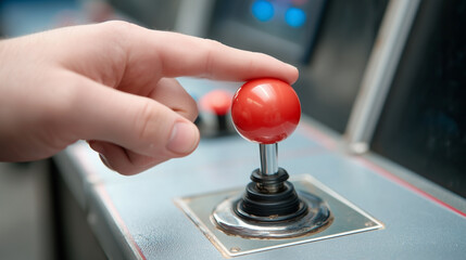 A red button is being pressed by a person