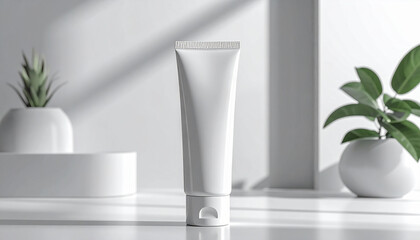 Elegant white cosmetic tube mockup with soft shadows and greenery for beauty product branding
