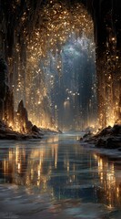 Magical ice cave with shimmering golden lights and galaxy visible, evoking wonder and enchantment for fantasy
