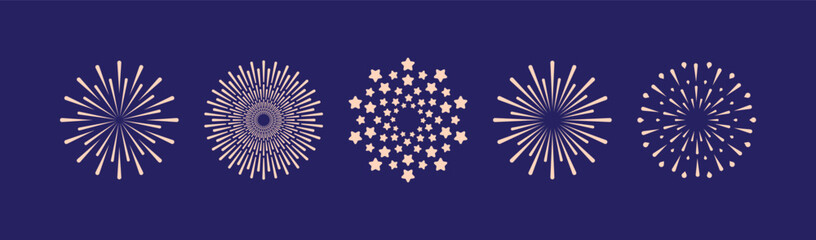 Set of fireworks sparkles and stars on the isolated background. Fireworks collection. Vector illustration