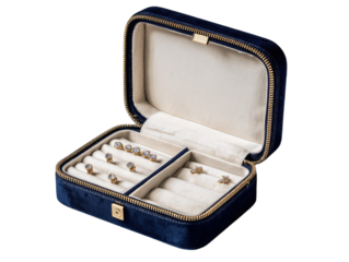 Navy blue velvet jewelry box, open, showcasing compartments