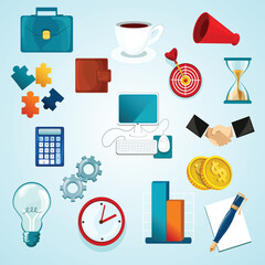 Cartoon Style Business and Office Element Assortment Icon Illustration
