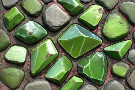 Close-up view of a textured paving stone surface.  Green, polished stones with muted gray stones - Powered by Adobe