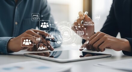 Business team collaborating on tablet with digital project management and communication icons