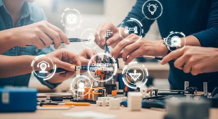 Hands-on collaboration in a workshop, with a team working on electronic components and robotics, symbolizing innovation, engineering, and future technology development