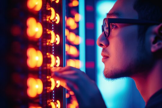 Man with glasses interacts with a wall of glowing lights in a futuristic neon lit environment