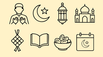 Muslim man prayer moon lantern mosque ketupat quran date icon