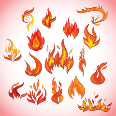 Handdrawn Colorful Fire Flames Elements Set Illustration on White Background