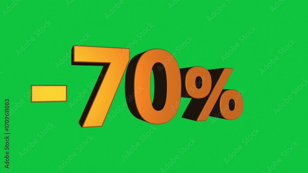 Wall mural animated 3d minus 70 percent sign rotating on green background in seamless loop