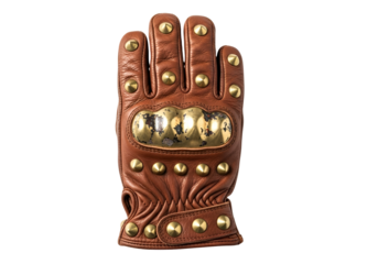 A stylish brown leather glove, adorned with golden studs and a protective metallic panel, is presented against a striking black background.