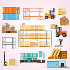 Fototapeta premium Flat Illustration Style Warehouse Equipment and Structures Logistics Distribution Elements