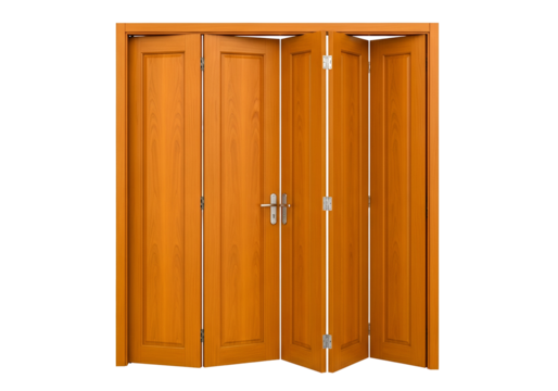 A folding door with a warm, rich wooden grain, displayed against a stark black background.