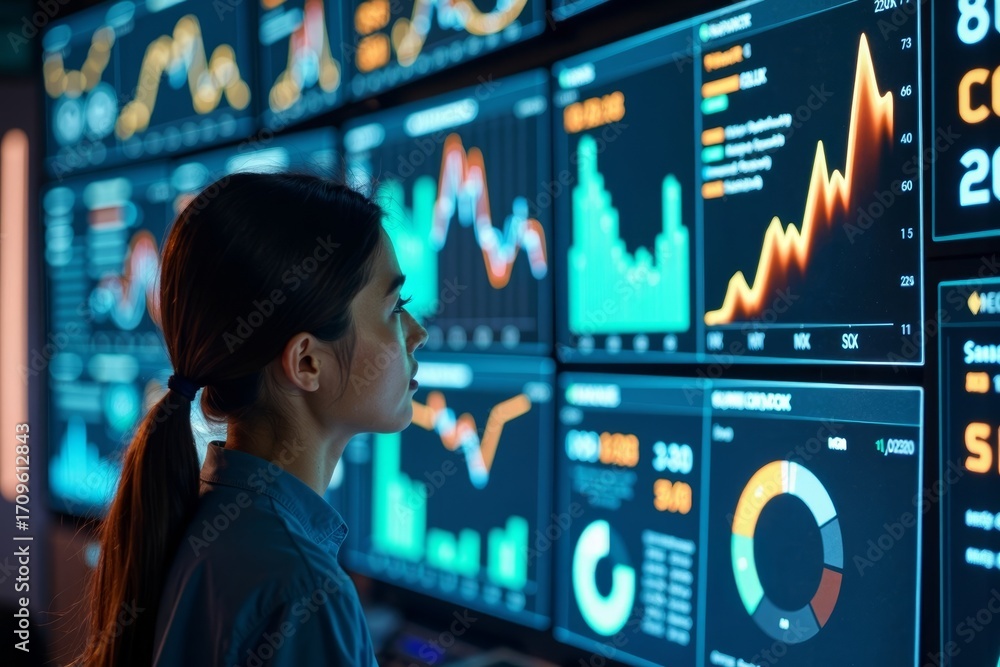 Poster a futuristic financial data dashboard: female analyst surrounded by glowing screens of colorful char