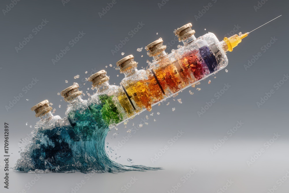 Poster dynamic injection of colorful liquid vials expertly arranged cascading through water wave symbolizin