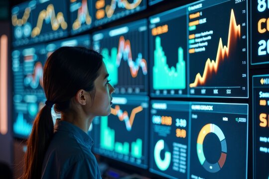 A futuristic financial data dashboard: Female analyst surrounded by glowing screens of colorful charts and graphs viewed from above. - Powered by Adobe