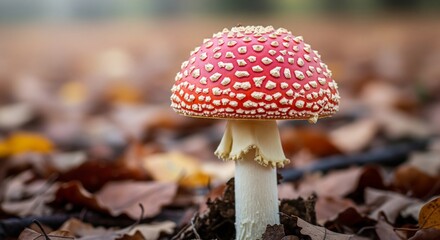 Vibrant red amanita muscaria mushroom with white spots in autumn forest