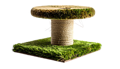 A circular wooden toy with a base of artificial grass