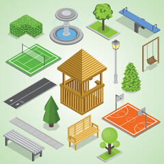 Isometric Park Element Flat Design for City Map Illustration Design