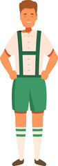 Naklejka premium Young man wearing traditional bavarian costume with green leather shorts and suspenders, celebrating oktoberfest