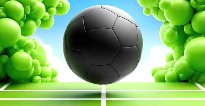 Black soccer ball on green court, surrounded by green bubbles