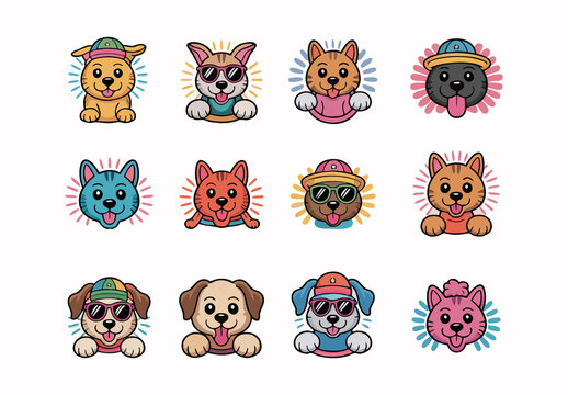Cute Dog and Cat Mascot Vector Set Flat Cartoon Animal Characters