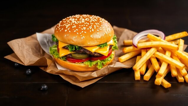 Delicious cheeseburger with fresh fries and onion rings on a dark background