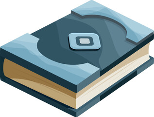 Closed magic book with silver decorations is lying on a white background, featuring a cartoonish style