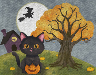 Cute Black Cat with Pumpkin.
Cute black cat holding a pumpkin with full moon, haunted tree, and flying witch in the background. Halloween wallpaper illustration for kids and seasonal decor.