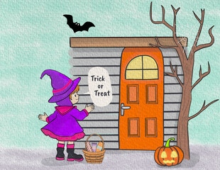 Trick or Treat Little Witch Girl.
Adorable little witch girl trick or treating, knocking on a house door with pumpkin and bats. Fun Halloween wallpaper illustration for kids and seasonal artwork.