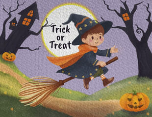 Trick or Treat Flying Witch Boy 
Cartoon boy witch flying on a broomstick with pumpkins, bats, haunted house, and full moon. Perfect for Halloween wallpaper, kids art, and seasonal designs.
