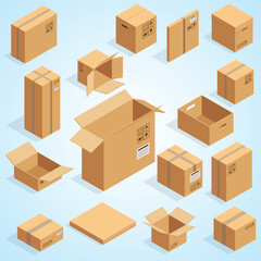 Isometric Style Different Perspective of Brown Cardboard Box Delivery Set