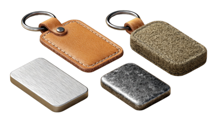 Two keychains with leather and metal tag options