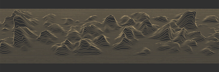Contour mountain landscape. Waved line art. Abstract minimal topographic map. Contour lines with elevations and terrain depth. Vector illustration.