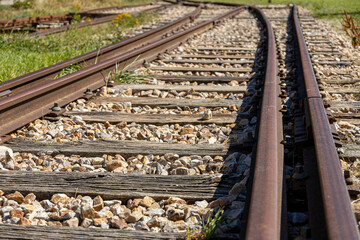 Fototapeta premium Detail of an old railroad switch. Grass grows between the tracks