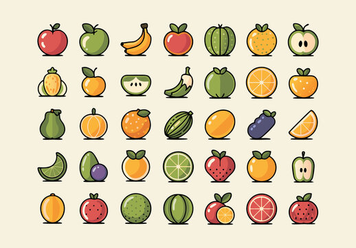Fresh Fruit Vector Icons Colorful Healthy Food Pack