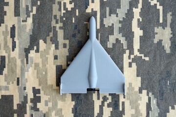 Unnamed grey toy drone model on camouflage fabric. Kamikaze drone for bombing targets