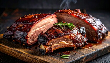 Smoked, juicy beef brisket with rib and rich dark crust arranged on rustic wooden board, showcasing tender texture