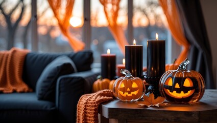 Cozy Halloween Home Decor with Pumpkins and Candles in black-orange colors