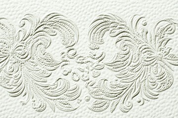 Ornate, embossed floral design on a light cream background