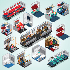 Isometric Detailed Train Interior Layout with Passengers and Amenities
