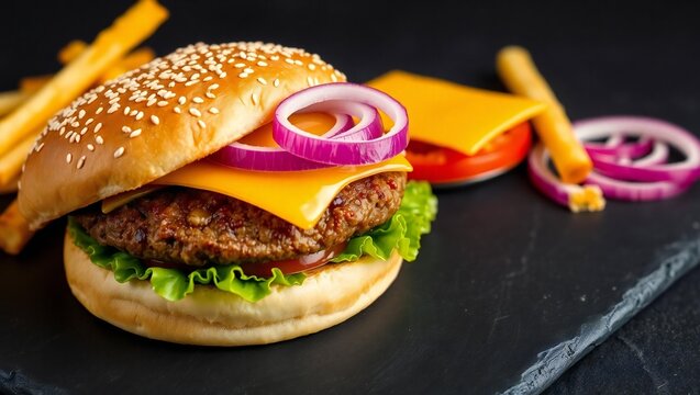 Delicious cheeseburger with fresh lettuce tomato and red onion served with french fries - Powered by Adobe