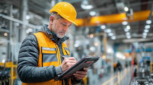 Industrial worker inspecting equipment in factory action-oriented content professional environment close-up view