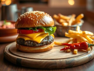 Delicious cheeseburger and crispy french fries served on a wooden board